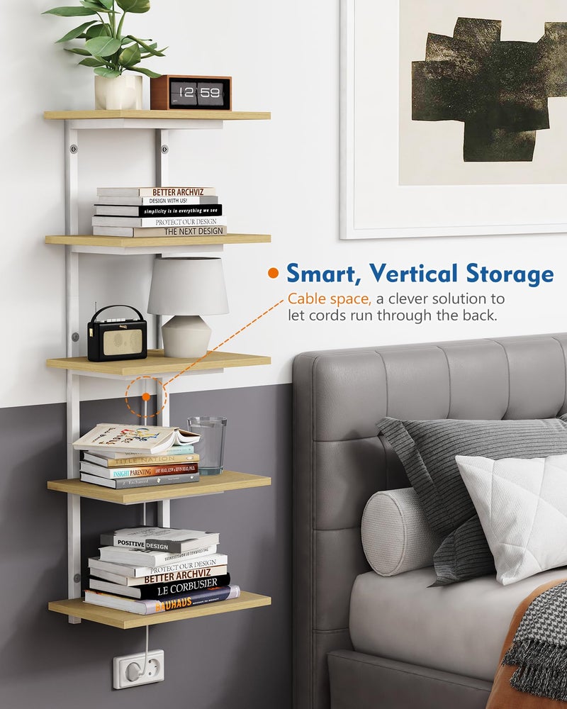 Harwaya White and Natural Tiered Wall Shelf Unit, 5 Tier Display Floating Shelves, Deep Hanging Wall Shelving Unit for Living Room Plants TV, Bedroom Books, Office DÃ©cor (White and Natural Wood) - Image 4