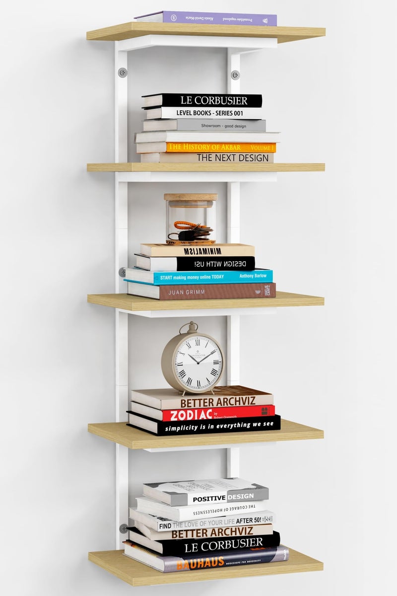Harwaya White and Natural Tiered Wall Shelf Unit, 5 Tier Display Floating Shelves, Deep Hanging Wall Shelving Unit for Living Room Plants TV, Bedroom Books, Office DÃ©cor (White and Natural Wood) - Image 1