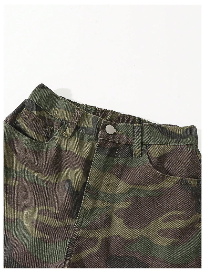 Verdusa Girl's Y2K Camo Cargo Pants Loose Straight Leg Denim Pants with Pockets Camo 12 Years - Image 3