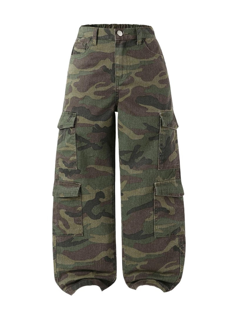 Verdusa Girl's Y2K Camo Cargo Pants Loose Straight Leg Denim Pants with Pockets Camo 12 Years - Image 1