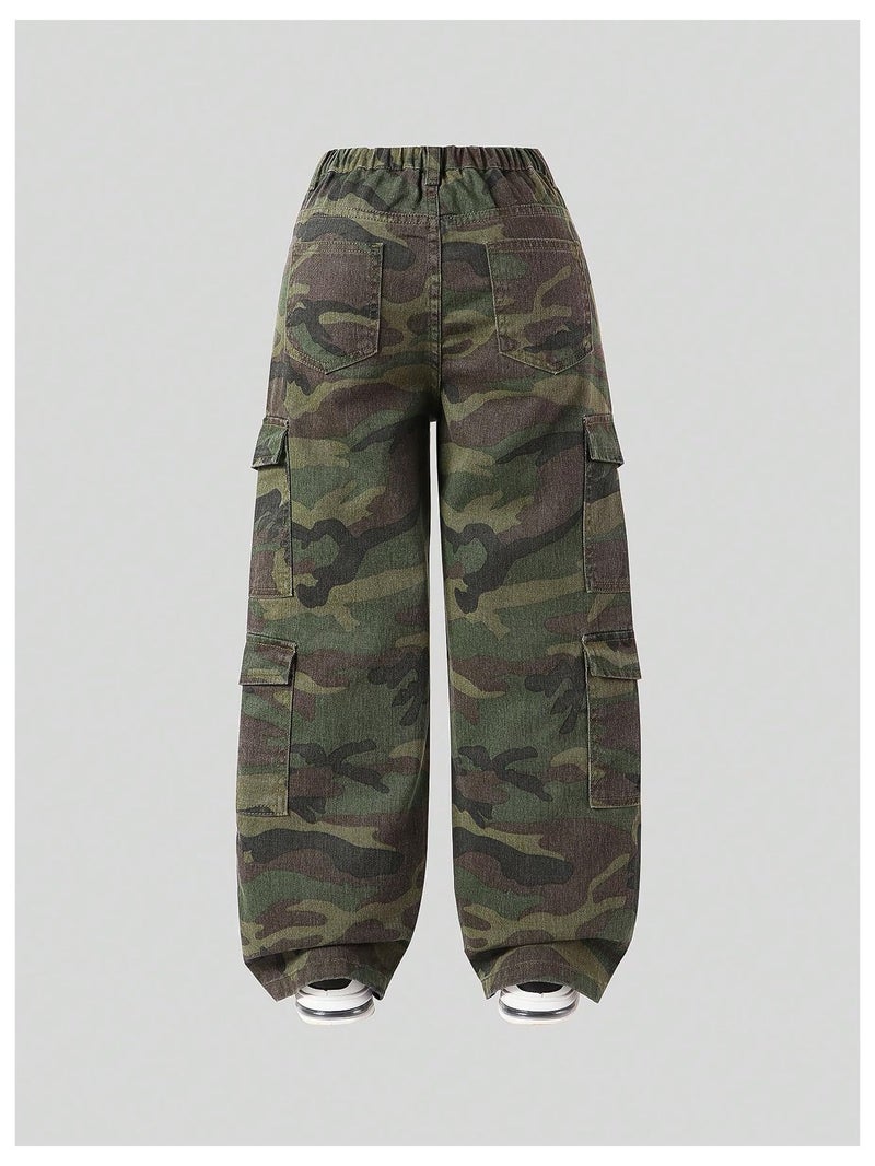 Verdusa Girl's Y2K Camo Cargo Pants Loose Straight Leg Denim Pants with Pockets Camo 12 Years - Image 2