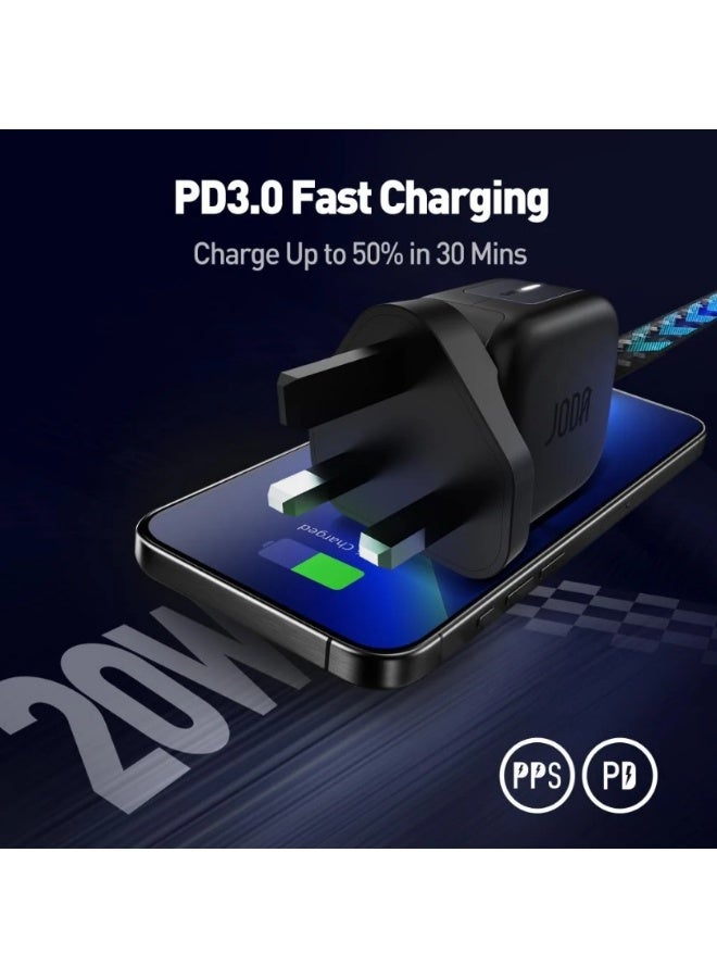 جودا بكج JODA اثنين في واحد شاحن جداري بقوة 20 واط بي دي + سلك تايب سي الى تايب سي بقوة 60 واط اسود - Image 2