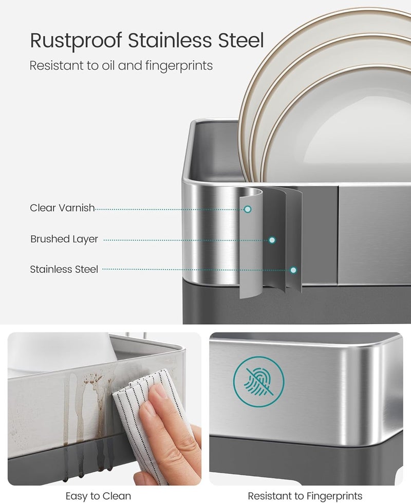 SONGMICS حامل تجفيف الأطباق الكبير من سونغميكس، مجفف أطباق قابل للتوسيع لسطح المطبخ، حامل أطباق من الفولاذ المقاوم للصدأ مع فوهة دوارة، حوامل للأدوات، الأكواب، الزجاج، لوح التقطيع، والمقالي، فضي ورمادي - Image 3