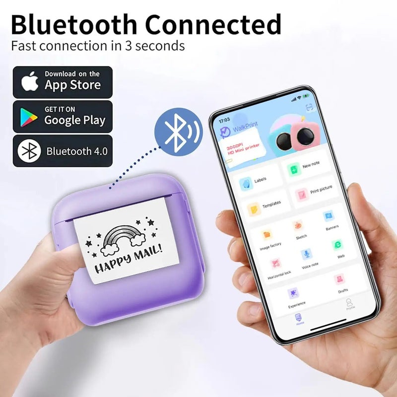 Purple Portable Wireless Thermal Printer for Photos Labels Notes Compatible with iOS Android - Image 3