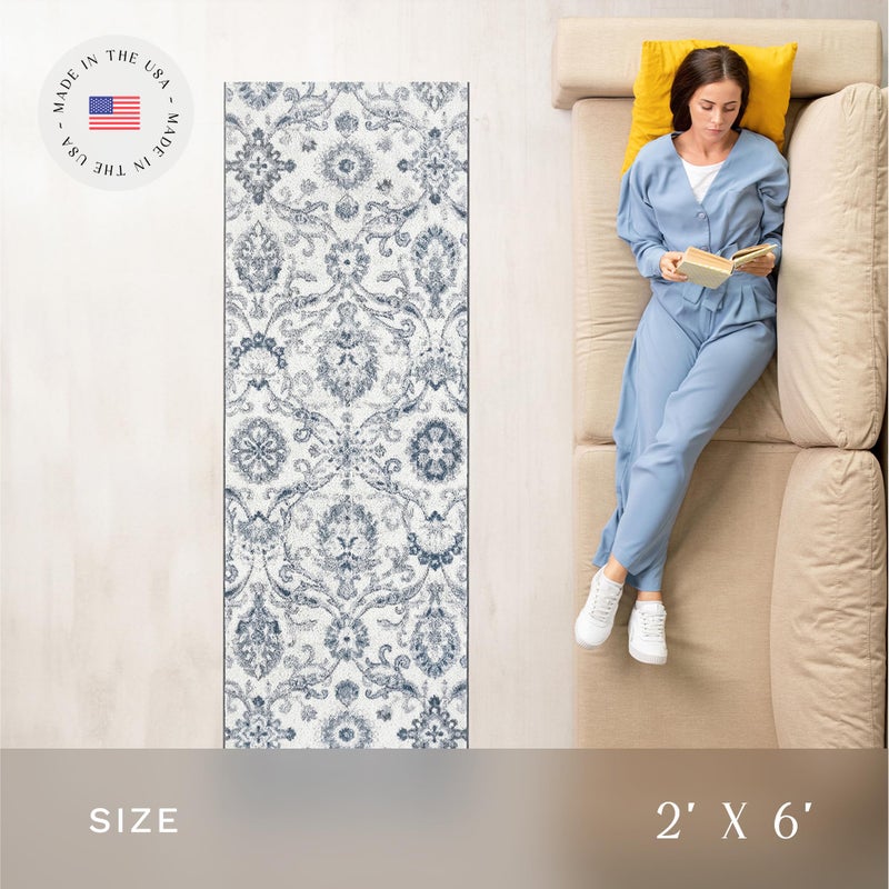Maples Rugs Blooming Damask Runner Rug - Made in USA â€“ Washable, Non Slip Indoor Carpet for Hallway, Kitchen, and Laundry Room, 2' x 6', Grey/Blue - Image 3