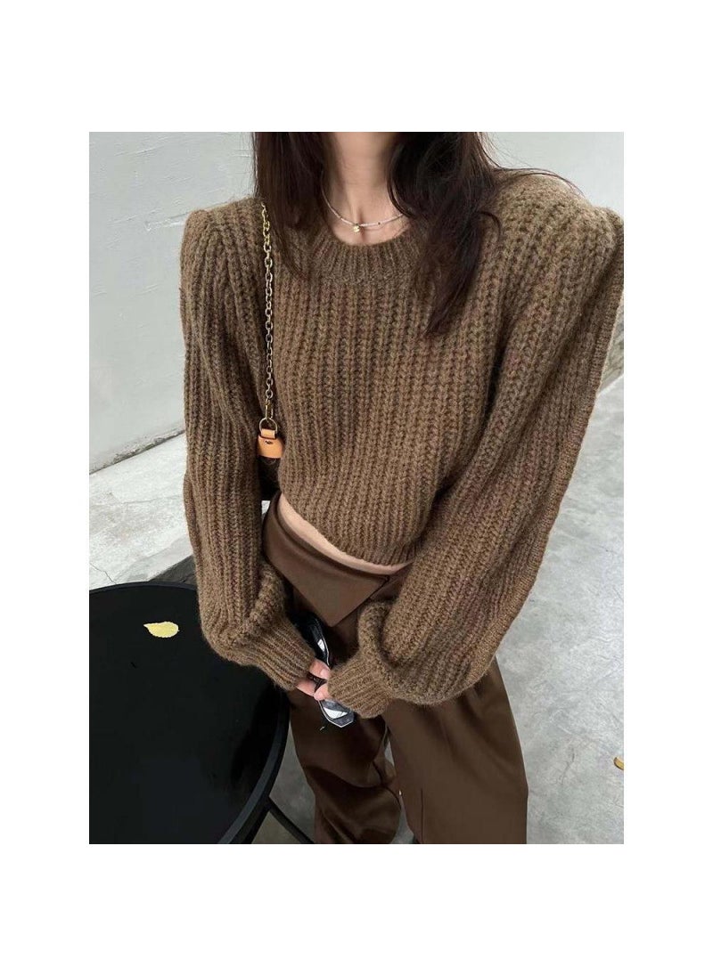 Generic - Korean-Style INS Autumn New Niche Versatile Round Neck Pullover Sweater Womens Waist-Fitted Petite Cropped Knit Top Brown - Image 1