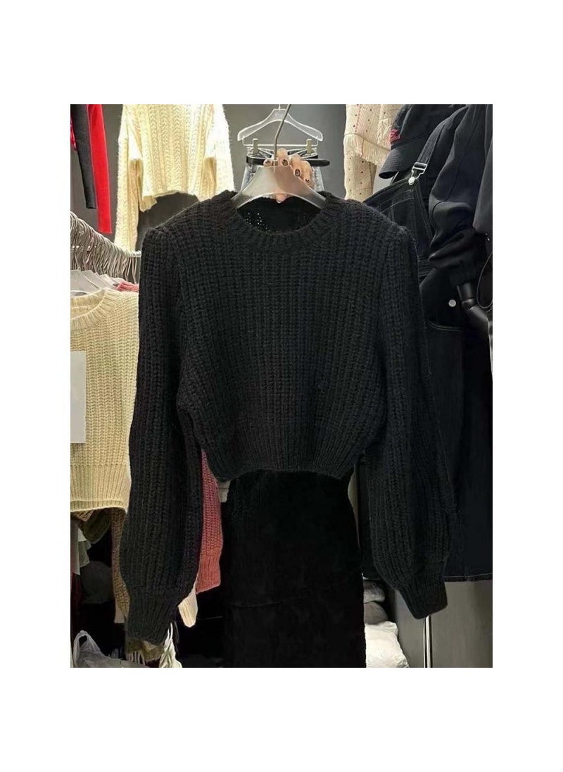 Generic - Korean-Style INS Autumn New Niche Versatile Round Neck Pullover Sweater Womens Waist-Fitted Petite Cropped Knit Top Brown - Image 1