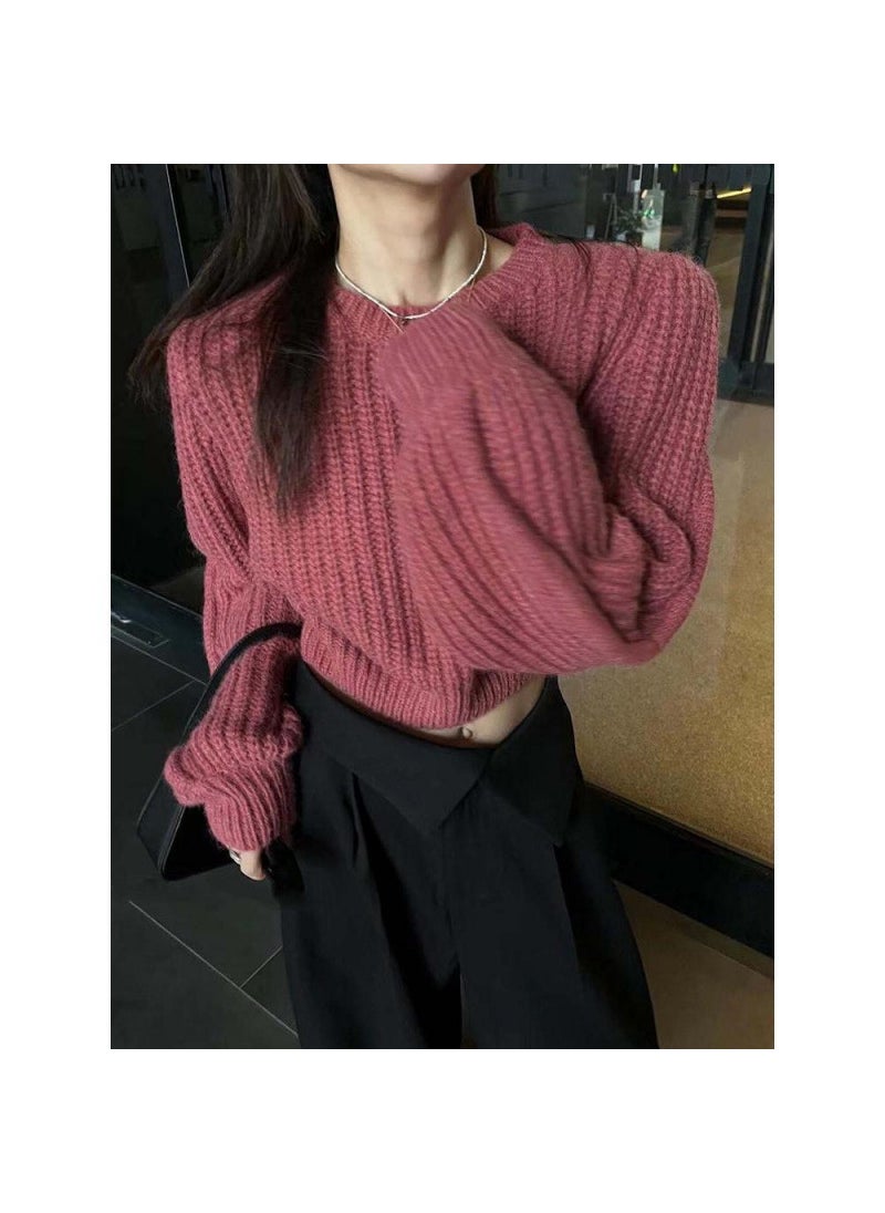 Generic - Korean-Style INS Autumn New Niche Versatile Round Neck Pullover Sweater Womens Waist-Fitted Petite Cropped Knit Top Brown - Image 1