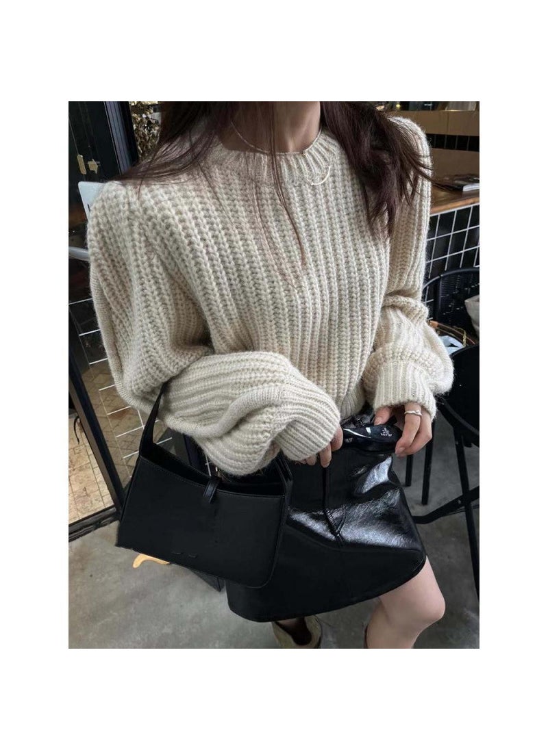 Generic - Korean-Style INS Autumn New Niche Versatile Round Neck Pullover Sweater Womens Waist-Fitted Petite Cropped Knit Top Brown - Image 1