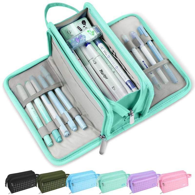 Sooez Large Pencil Case, Big Capacity Pencil Pouch Pen Bag with 3 Compartment, Portable Canvas Stationery Organizer with Zipper, Cute Aesthetic School Supplies for Teen Girls, Celadon with Plaid - Image 1