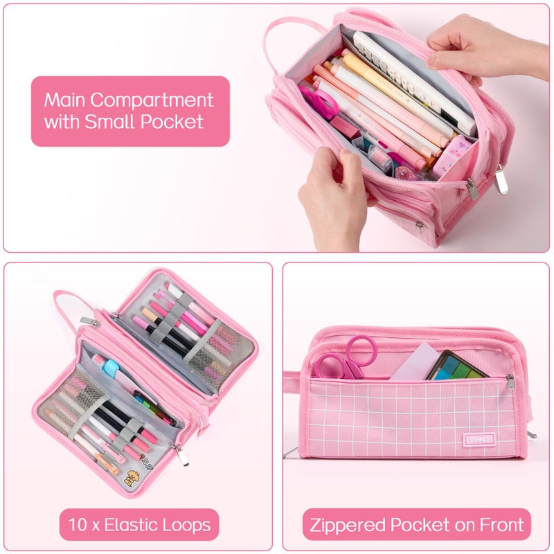 Sooez Large Pencil Case, Big Capacity Pencil Pouch Pen Bag with 3 Compartment, Portable Canvas Stationery Organizer with Zipper, Cute Aesthetic School Supplies for Teen Girls, Celadon with Plaid - Image 3
