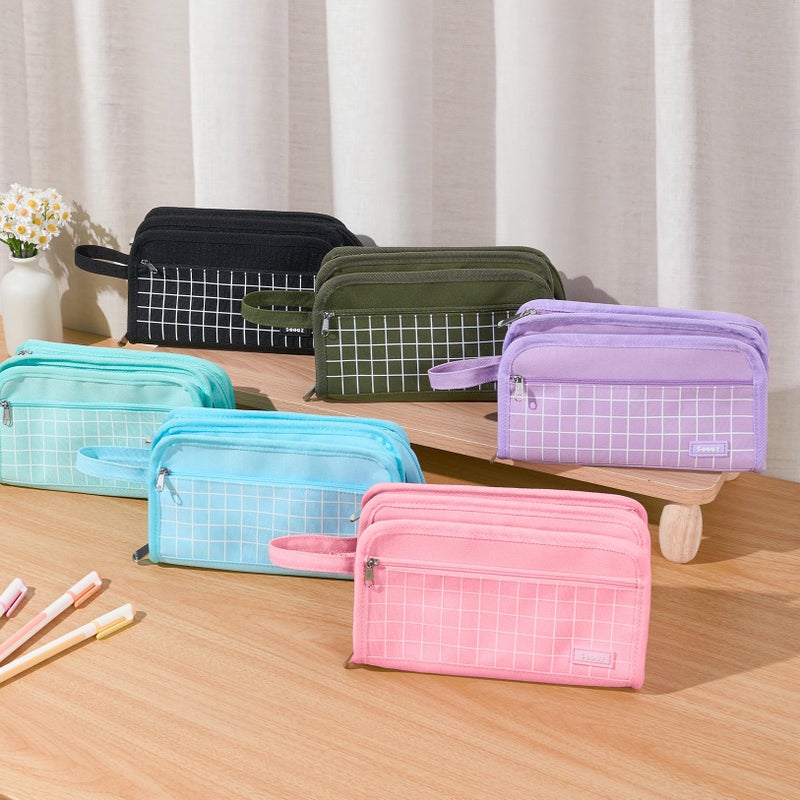 Sooez Large Pencil Case, Big Capacity Pencil Pouch Pen Bag with 3 Compartment, Portable Canvas Stationery Organizer with Zipper, Cute Aesthetic School Supplies for Teen Girls, Celadon with Plaid - Image 2