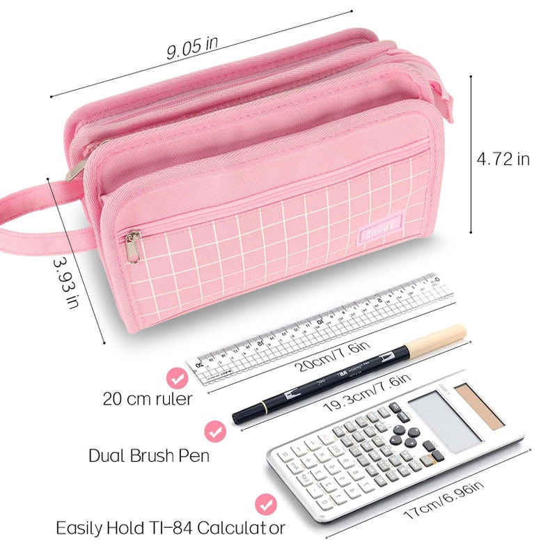Sooez Large Pencil Case, Big Capacity Pencil Pouch Pen Bag with 3 Compartment, Portable Canvas Stationery Organizer with Zipper, Cute Aesthetic School Supplies for Teen Girls, Celadon with Plaid - Image 5