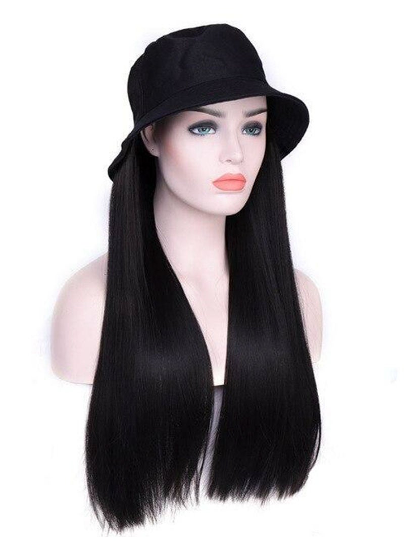 Sharpdo Black Bucket Hat High Temperature Silk Long Straight Hair Synthetic Wig  - Image 1