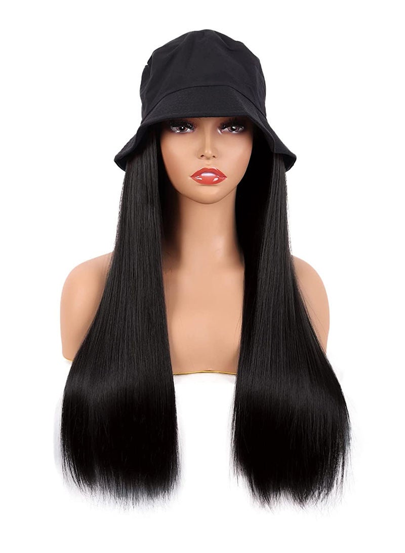Sharpdo Black Bucket Hat High Temperature Silk Long Straight Hair Synthetic Wig  - Image 2