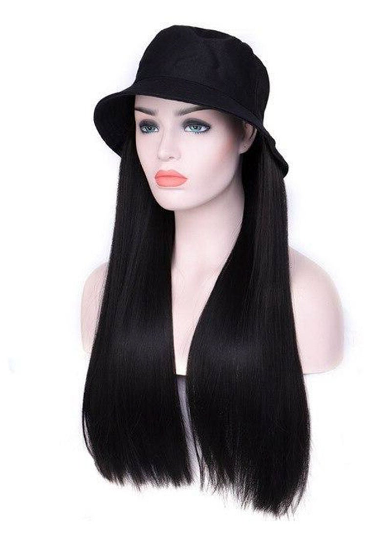 Sharpdo Black Bucket Hat High Temperature Silk Long Straight Hair Synthetic Wig  - Image 3
