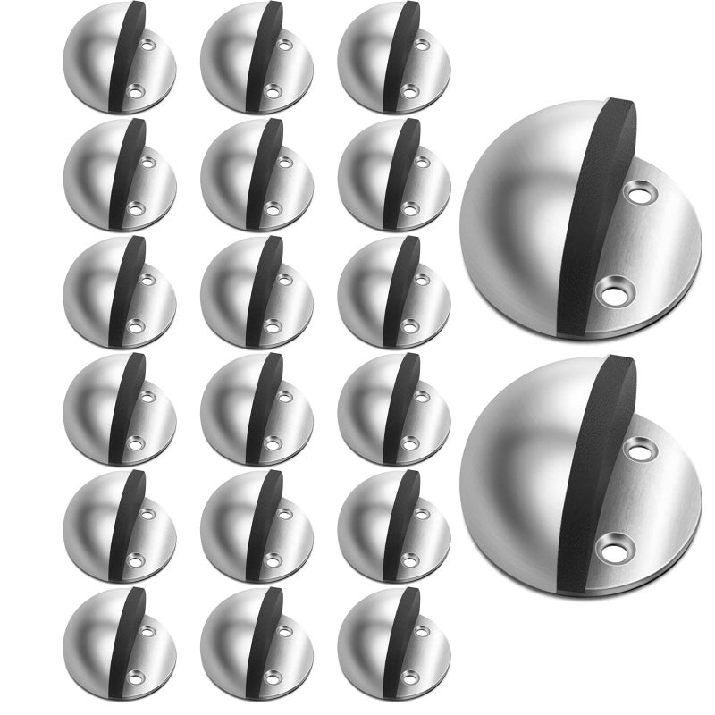 20 Pack Door Stops Self Adhesive Stainless Steel Floor Door Stoppers No Drill with Rubber Bumper for Bottom of Door Brushed Silver