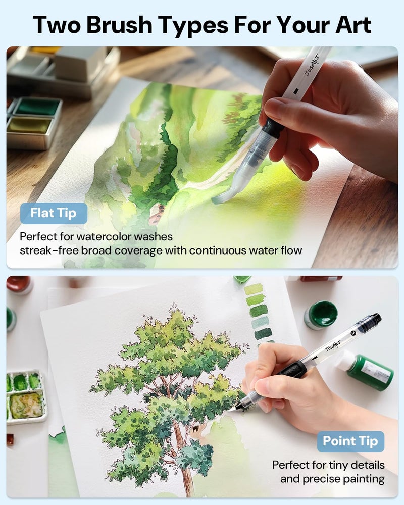 JusArt Water Brush Pens 12-Pack Leak-Proof Refillable Watercolor Pens for Acrylic and Gouache Painting - Includes Pointed & Flat Tip Styles - Portable Water Brushes for Artists, Beginners, Adults - Image 5