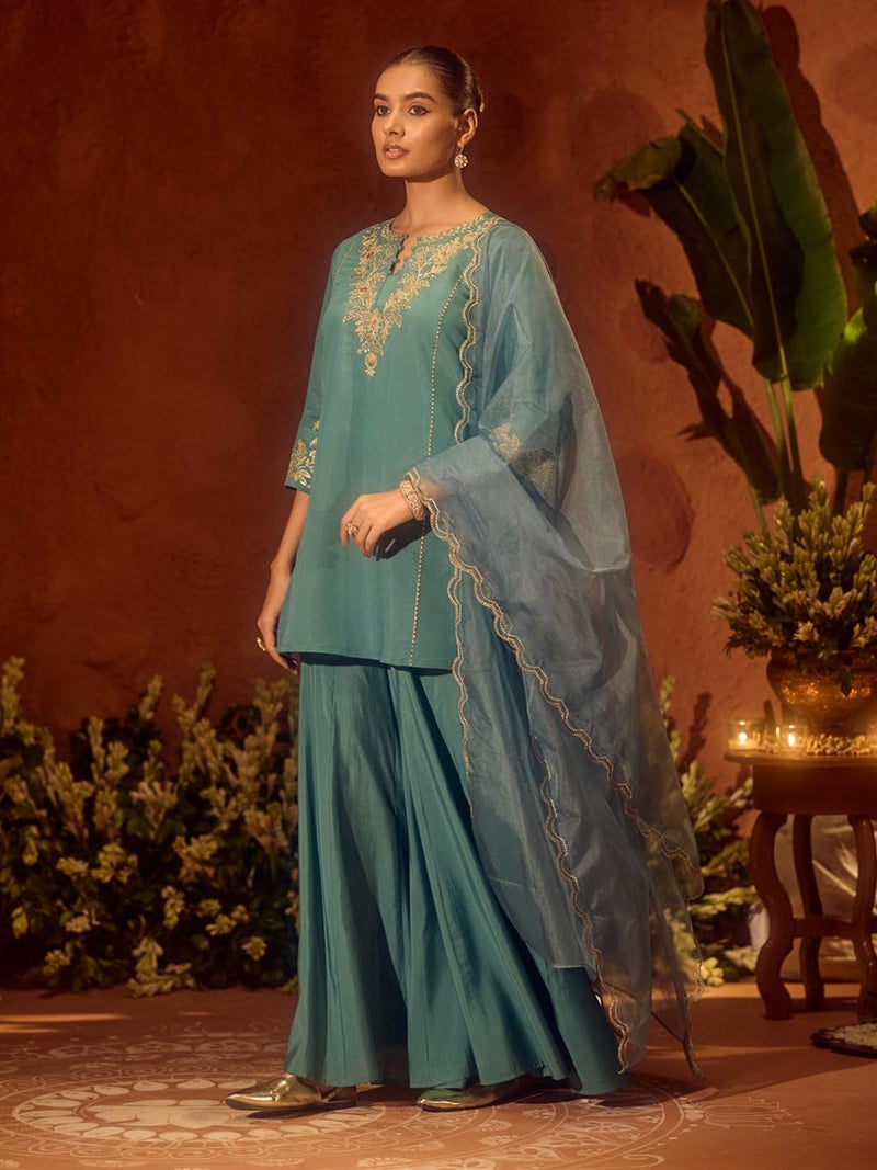 FIORRA Women’s Sea Green Viscose Chanderi Embroidered Ethnic Straight Kurta Set with Dupatta - Image 4
