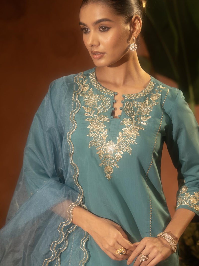 FIORRA Women’s Sea Green Viscose Chanderi Embroidered Ethnic Straight Kurta Set with Dupatta - Image 5