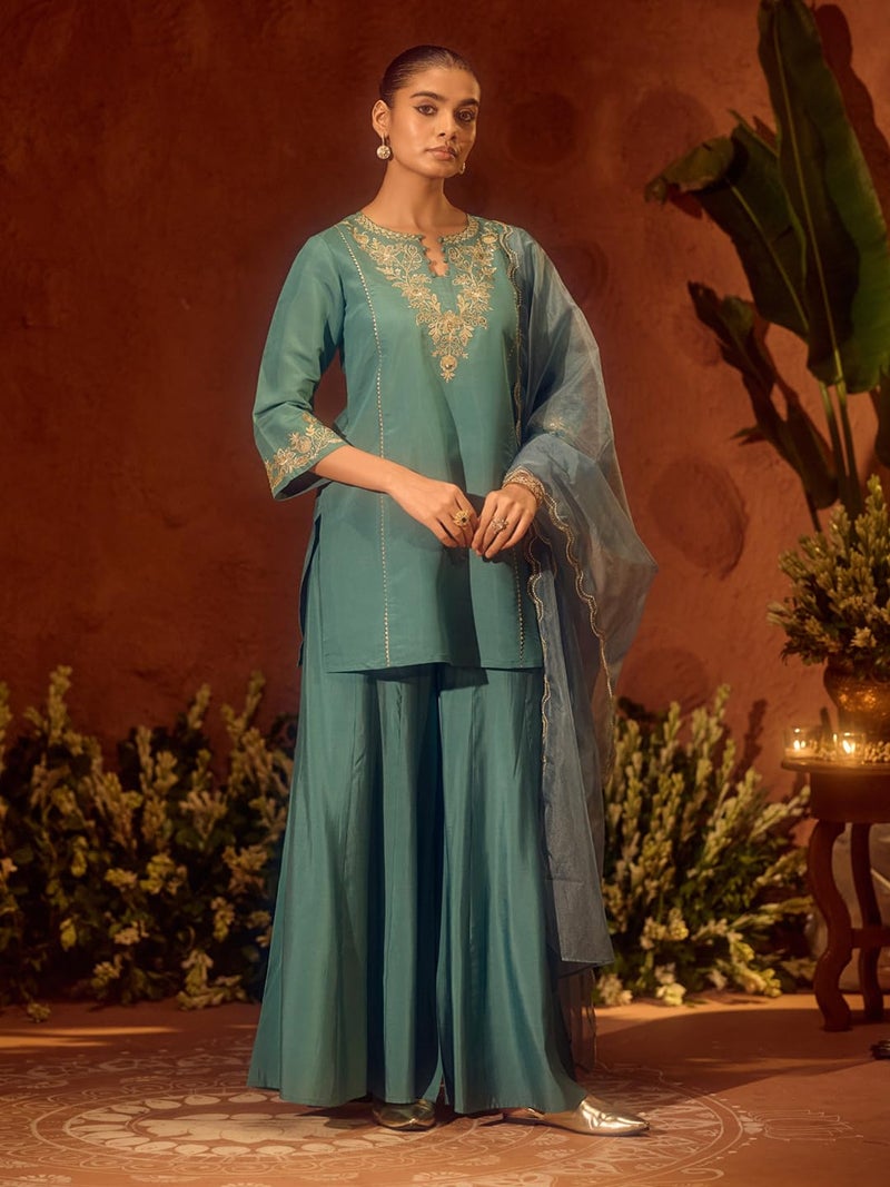 FIORRA Women’s Sea Green Viscose Chanderi Embroidered Ethnic Straight Kurta Set with Dupatta - Image 3
