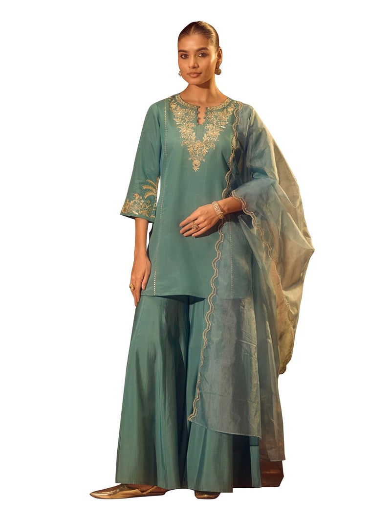 FIORRA Women’s Sea Green Viscose Chanderi Embroidered Ethnic Straight Kurta Set with Dupatta - Image 1