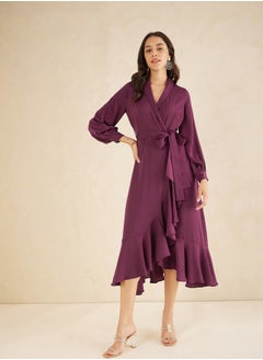 Shawl Collar Belted Wrap Midi Dress by Styli
