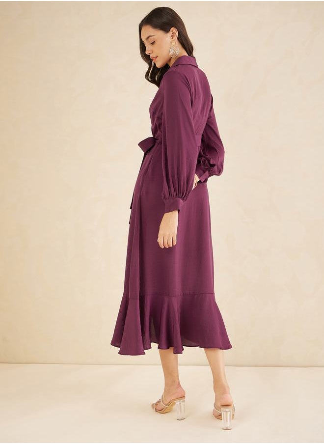 FEMELLA - Shawl Collar Belted Wrap Midi Dress by Styli - Image 1