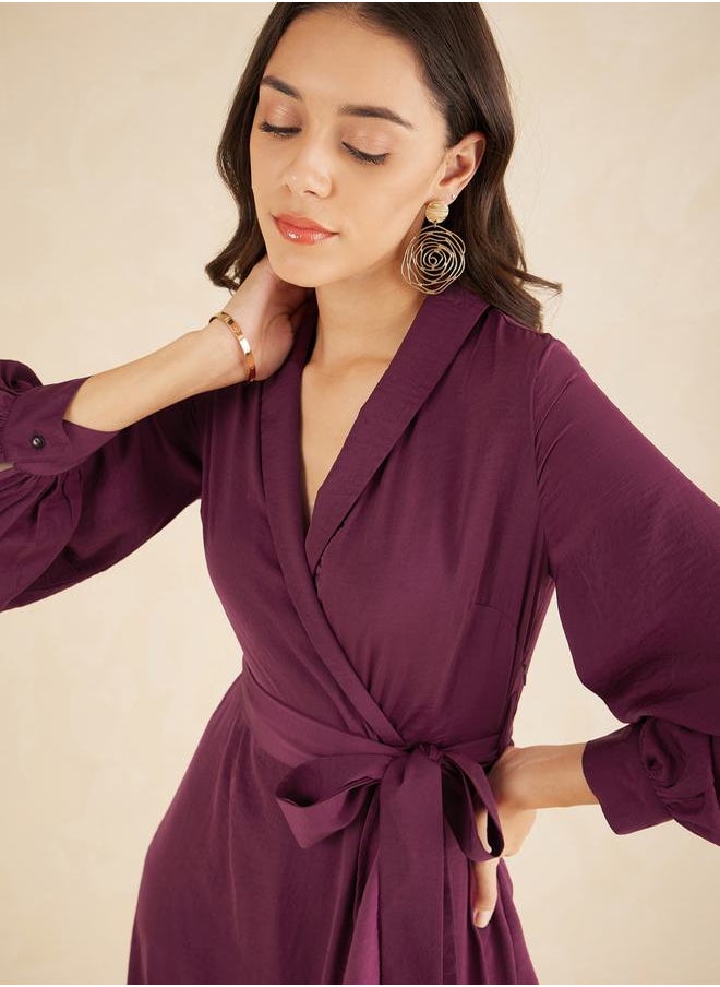 FEMELLA - Shawl Collar Belted Wrap Midi Dress by Styli - Image 1