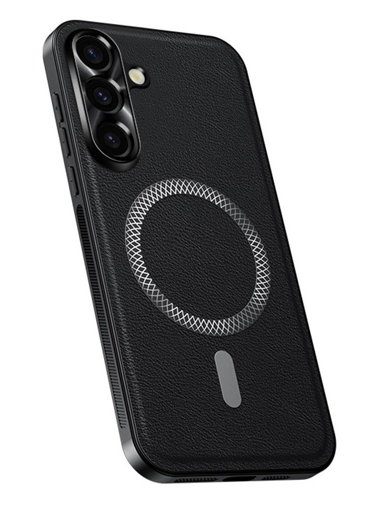 ICARLUS Textured leather protective case for Samsung Galaxy A57 with wireless charging Black - Image 1