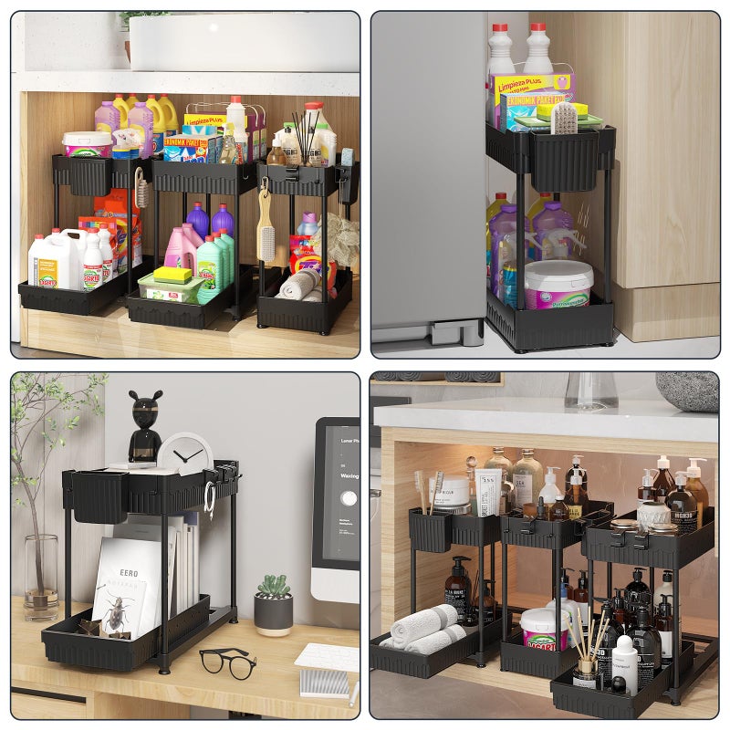 Sevenblue 3 Pack Under Sink Organizers, 2-Tier Multi-Use Kitchen and Bathroom Organizers and Storage with Sliding Drawers, Bathroom Cabinet Organizer (Black, 14.8 Inch) - Image 2