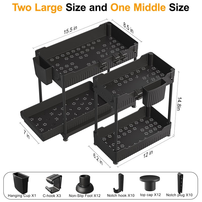 Sevenblue 3 Pack Under Sink Organizers, 2-Tier Multi-Use Kitchen and Bathroom Organizers and Storage with Sliding Drawers, Bathroom Cabinet Organizer (Black, 14.8 Inch) - Image 4