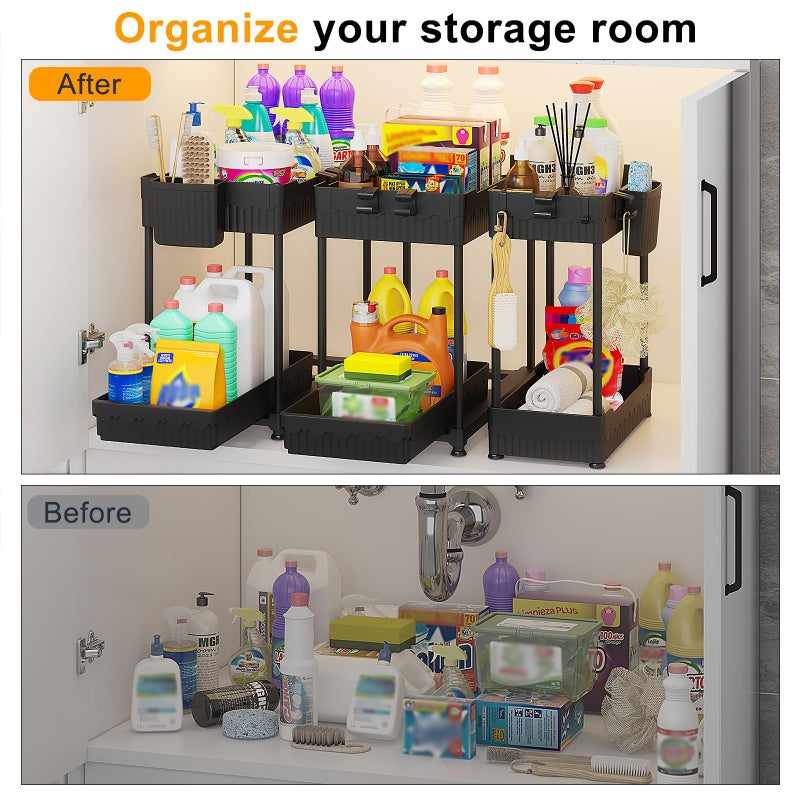 Sevenblue 3 Pack Under Sink Organizers, 2-Tier Multi-Use Kitchen and Bathroom Organizers and Storage with Sliding Drawers, Bathroom Cabinet Organizer (Black, 14.8 Inch) - Image 3
