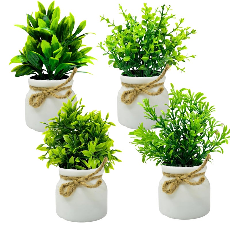 Dekorly Plastic 4pcs Artificial Pot Flowers Small Fake Plants with Pot Mini Potted Plants for House Office Tabletop Decoration (White) - Image 5