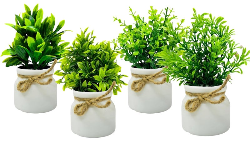 Dekorly Plastic 4pcs Artificial Pot Flowers Small Fake Plants with Pot Mini Potted Plants for House Office Tabletop Decoration (White) - Image 4