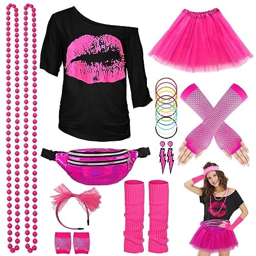 WILDPARTY 80s Costume Accessories for Women TShirt Tutu Fanny Pack Headband Earring Necklace Fishnet Gloves Legwarmers 80s Party Halloween Outfit for Women 24PCS Pink XL - Image 1
