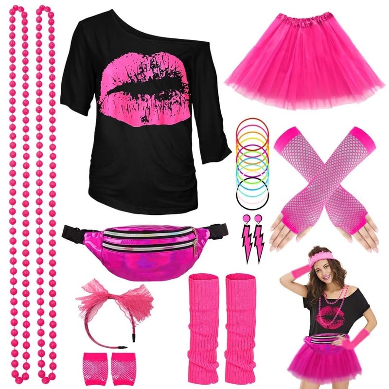 WILDPARTY 80s Costume Accessories for Women TShirt Tutu Fanny Pack Headband Earring Necklace Fishnet Gloves Legwarmers 80s Party Halloween Outfit for Women 24PCS Pink XL - Image 2