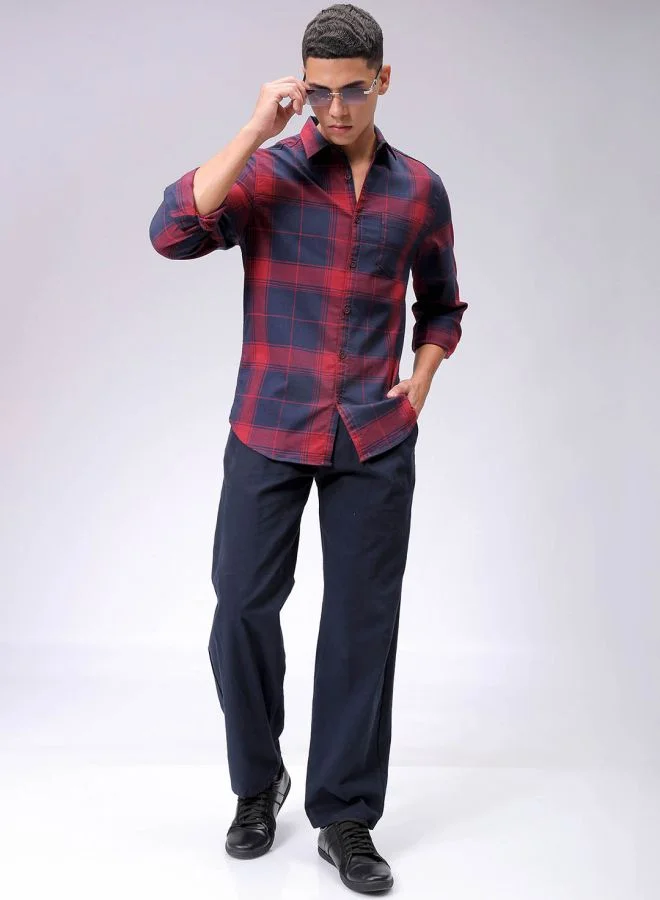 The Indian Garage Co Men Slim Fit Checkered Full Sleeves Cutaway Collar Casual Shirt