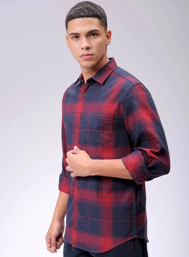 The Indian Garage Co Men Slim Fit Checkered Full Sleeves Cutaway Collar Casual Shirt