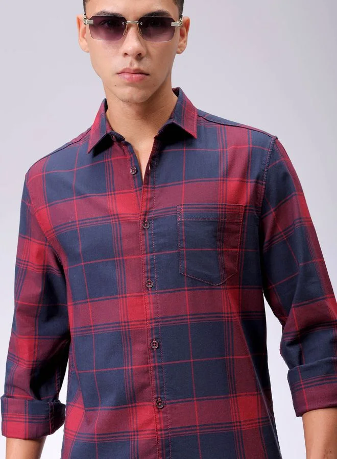 The Indian Garage Co Men Slim Fit Checkered Full Sleeves Cutaway Collar Casual Shirt