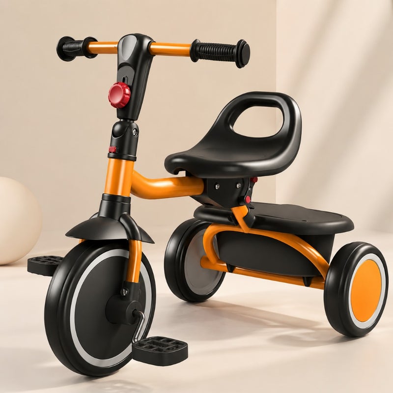 Toddler tricycle for indoor and outdoor use, PP plastic frame, orange, foldable design with rear storage compartment - Image 1