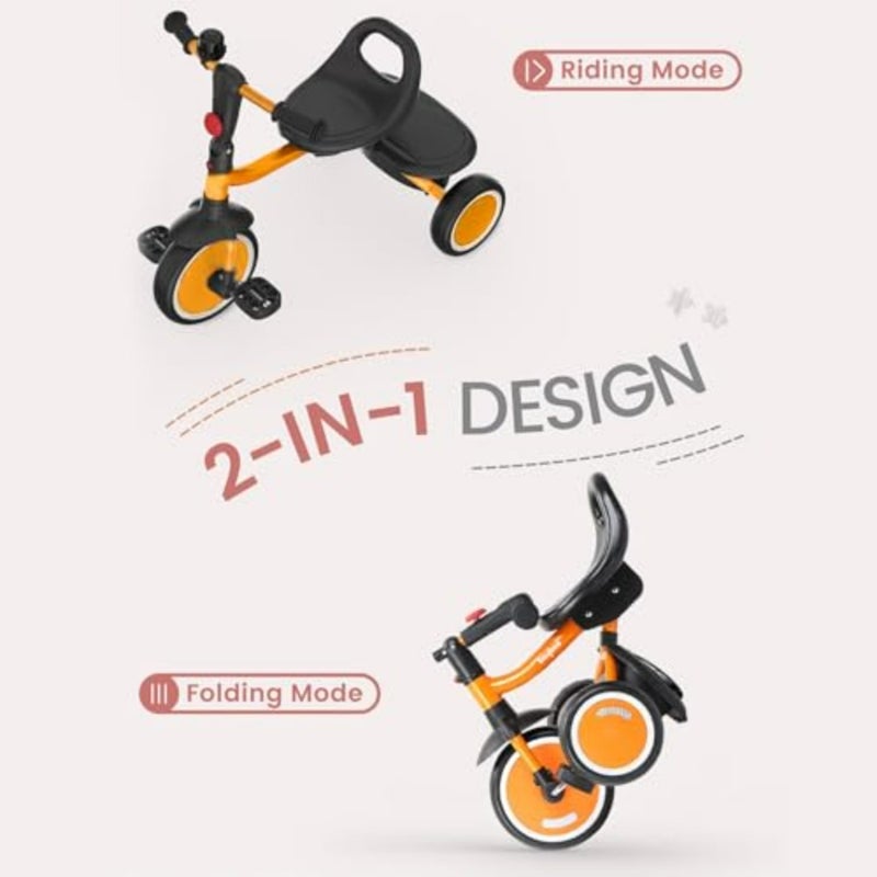 Toddler tricycle for indoor and outdoor use, PP plastic frame, orange, foldable design with rear storage compartment - Image 3