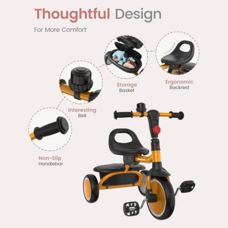 Toddler tricycle for indoor and outdoor use, PP plastic frame, orange, foldable design with rear storage compartment - Image 4