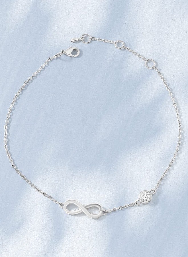 MINUTIAE Infinity Shape Anklet With Solitaire Crystal Diamonds Painjan Payal Leg Chain Foot Jewellery For Women and Girls (Silver) - Image 3