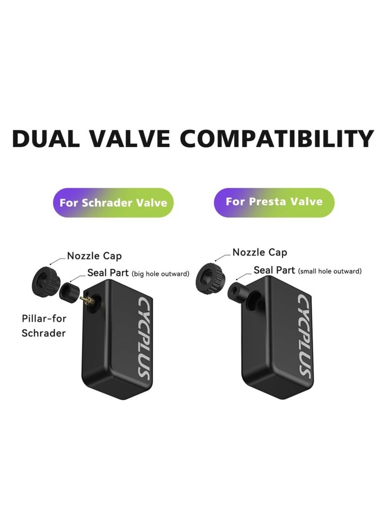 CYCPLUS Tiny Pump Mini Bike Tire Pump with Gauge, Max 120 PSI Electric Bicycle Air Pump, Auto Stop, with Presta and Schrader Valve for E-Bike, Mountain Bike, City Bike and Road Bike AS2PRO, Black - Image 3