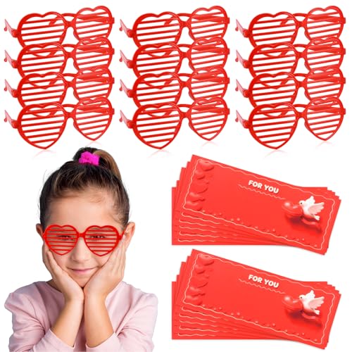 HSLCGF 12 Pcs Heart Shaped Shutter Shade Glasses with Gift Cards Valentines Party Favors Valentines Classroom Exchange Prizes Gifts for Kids Boys Girls Red - Image 1