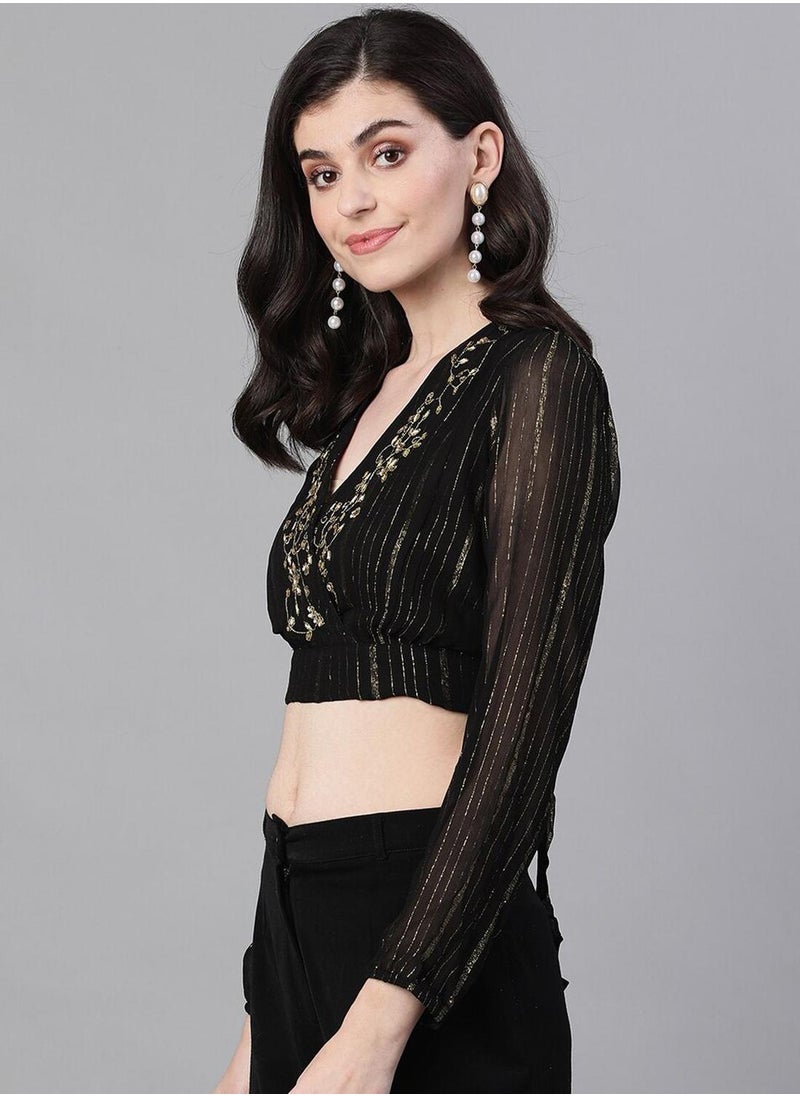 ISHIN Women's Black Rayon Embellished Cropped Straight Fit Tops  - Image 5
