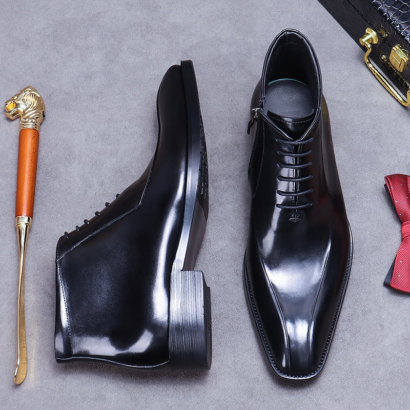 [Big Sale] Genuine Leather Shoes British Martin Boots Genuine Leather Trendy Formal Leather Boots Pointed Toe Zipper High Top Leather Shoes Short Boots - Image 4