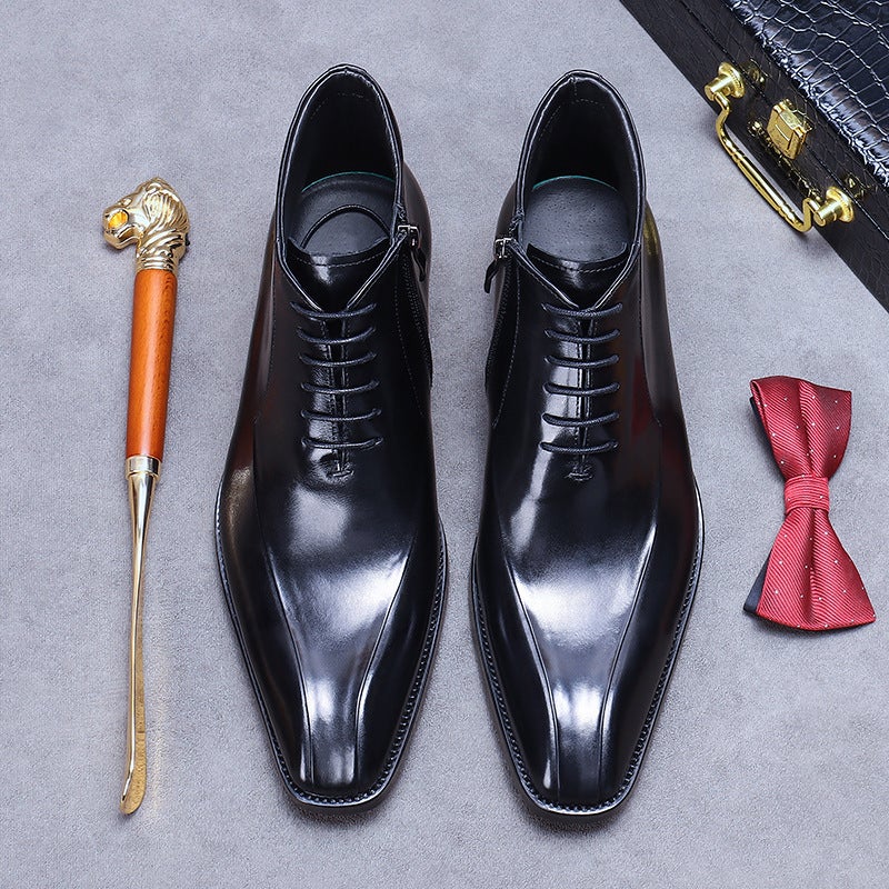 [Big Sale] Genuine Leather Shoes British Martin Boots Genuine Leather Trendy Formal Leather Boots Pointed Toe Zipper High Top Leather Shoes Short Boots - Image 3