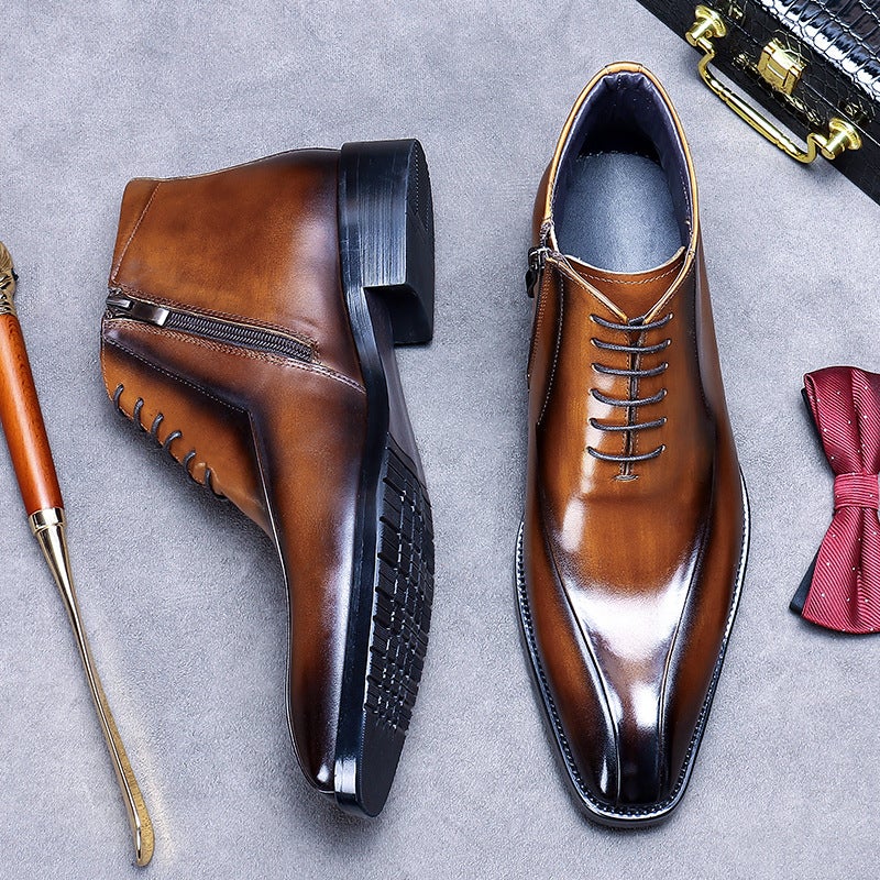 [Big Sale] Genuine Leather Shoes British Martin Boots Genuine Leather Trendy Formal Leather Boots Pointed Toe Zipper High Top Leather Shoes Short Boots - Image 2